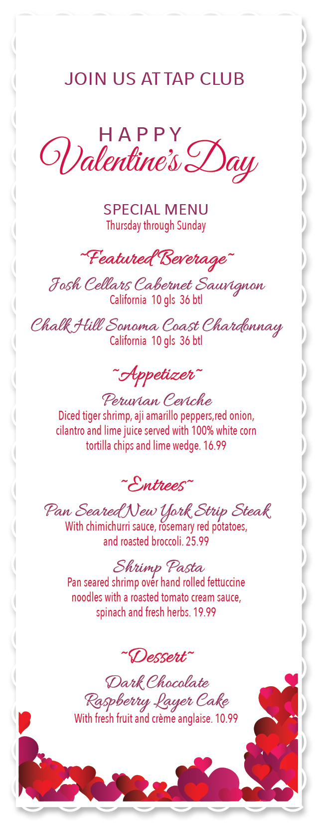 Tap Club Valentine Menu